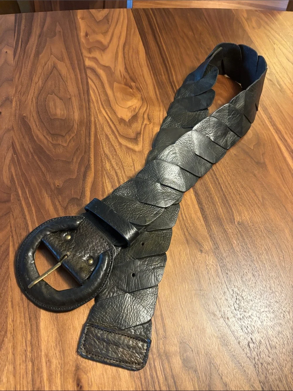 Vintage Leather Braided Waist Belt with Round Buckle - Black